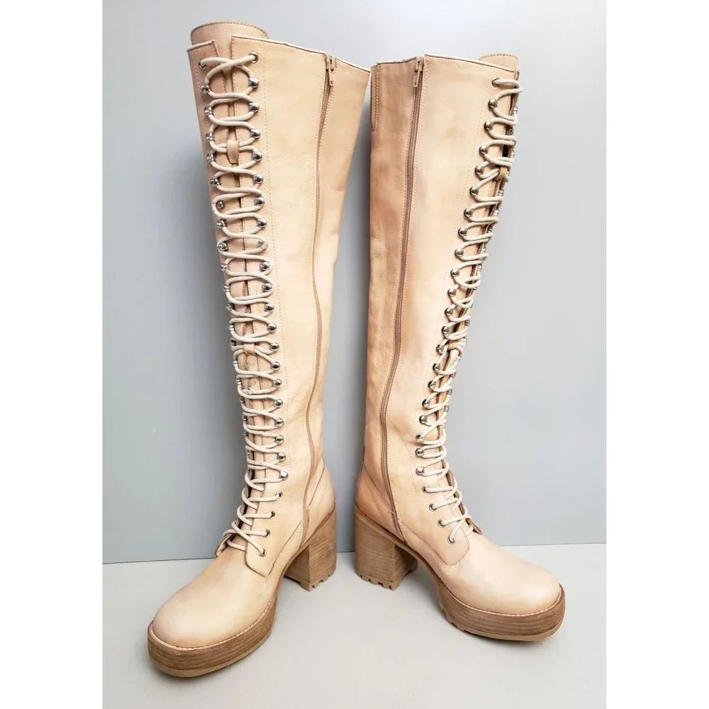 Jeffrey Campbell Haley Over The Knee Lace Up Boots Tan Leather Size 8.5 - Picture 4 of 7